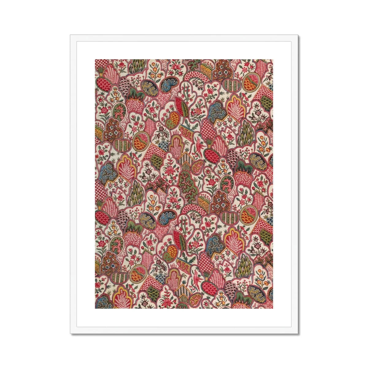 Oberkampf & Cie Floral Pattern Fabric Art Print, Framed Floral Pattern Artwork Pink Red Brown Botanical