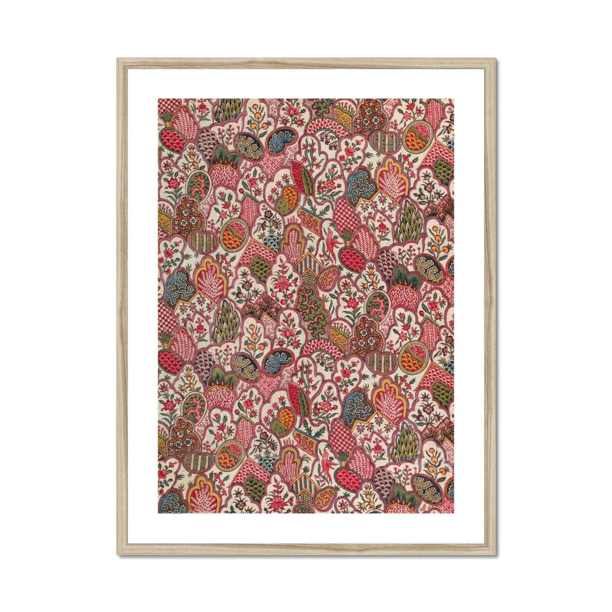Oberkampf & Cie Floral Pattern Fabric Art Print, Framed Floral Pattern Artwork Red Pink Brown Orange