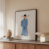 Official - Qing Dynasty Art Framed Canvas, Framed Artwork Chinese Scholar Official Traditional Blue Robes