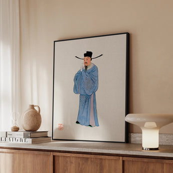 Official - Qing Dynasty Art Framed Canvas, Framed Artwork Chinese Scholar Official Traditional Blue Robes