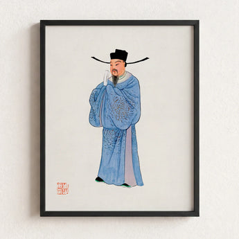 Framed Illustration Traditional Chinese Official Blue Embroidered Robes Qing Dynasty Manchu, Bureaucratic Splendor, Fashion Art