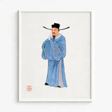 Framed Illustration Traditional Chinese Official Blue Embroidered Robes Qing Dynasty Manchu, Bureaucratic Splendor, Fashion Art
