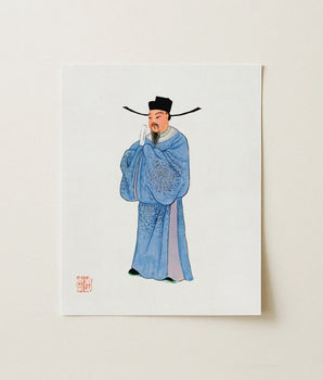 Blue Traditional Chinese Official Illustration Print White Paper Qing Dynasty Manchu, Bureaucratic Splendor, Fashion Art