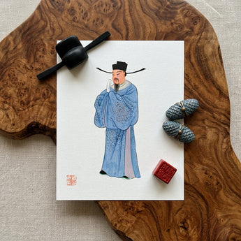 Official - Qing Dynasty Fashion Art Print / Canvas Delicate Watercolor Illustration Traditional Chinese Official Blue Robes Qing Dynasty