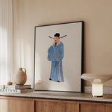 Official - Qing Dynasty Fashion Art Print / Canvas Framed Artwork Traditional Chinese Official Blue Robes Black Qing Dynasty Manchu,