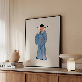 Official - Qing Dynasty Fashion Art Print / Canvas Framed Artwork Traditional Chinese Official Blue Robes Black Qing Dynasty Manchu,