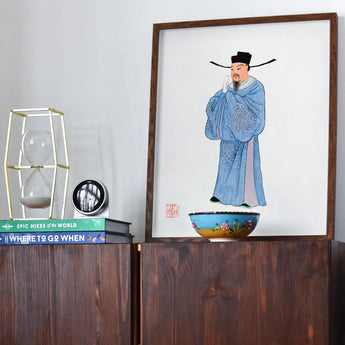 Official - Qing Dynasty Fashion Art Print / Canvas Framed Artwork Traditional Chinese Scholar Official Blue Robes Qing Dynasty Manchu,
