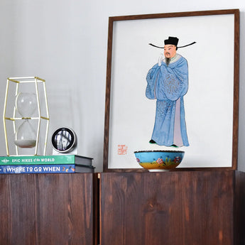 Official - Qing Dynasty Fashion Art Print, Framed Artwork Traditional Chinese Scholar Official Blue Robes