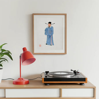 Official - Qing Dynasty Fashion Art Print, Framed Illustration Figure Traditional East Asian Blue Robes