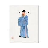 Official - Qing Dynasty Fashion Art Print, Traditional Chinese Ink Scholar Blue Robe Black Hat