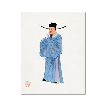 Official - Qing Dynasty Fashion Art Print, Traditional Chinese Ink Scholar Blue Robe Black Hat