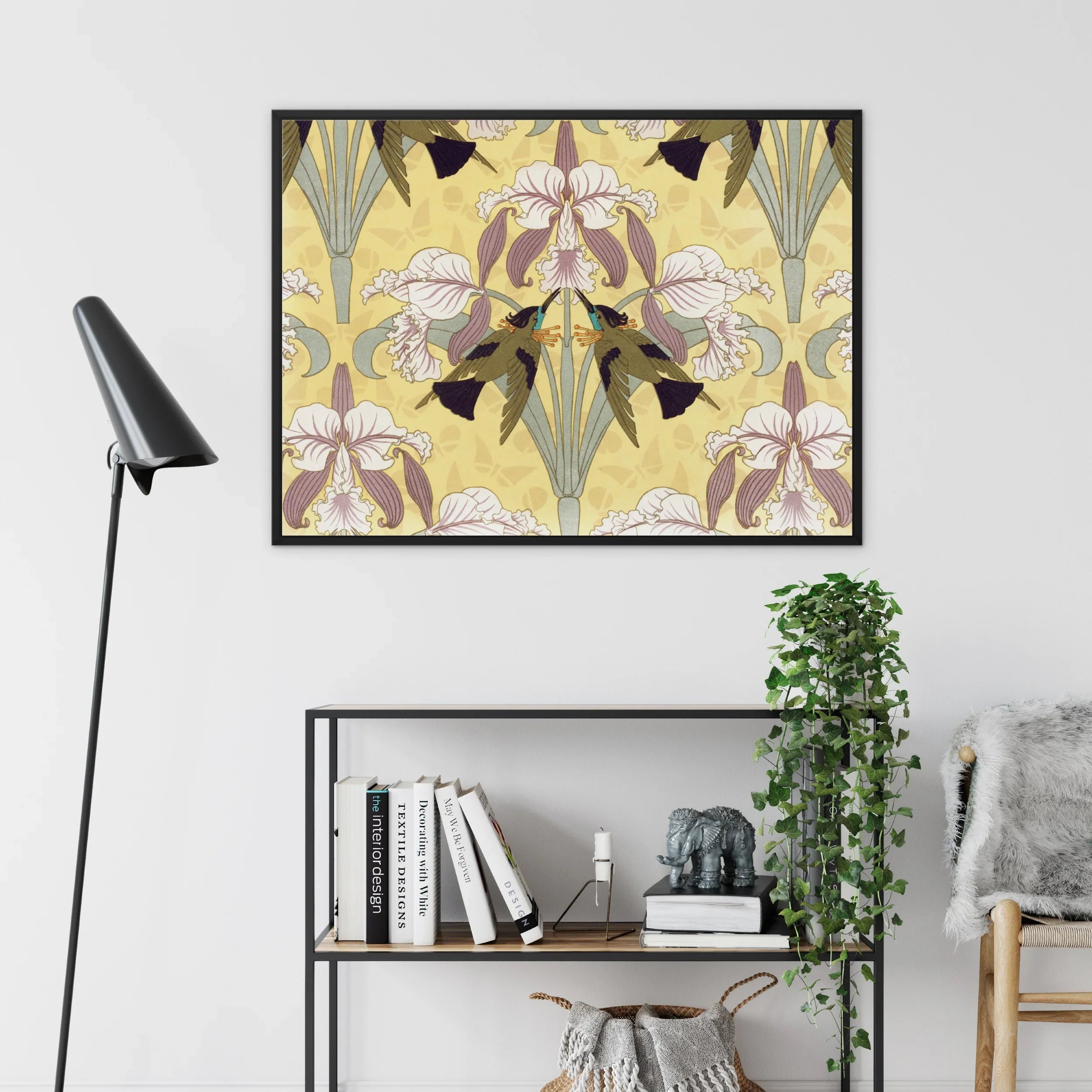 Oiseaux Mouches et Orchidées Maurice Pillard Verneuil Canvas, Framed Art Nouveau Style Floral Pattern Iris Flowers Pink