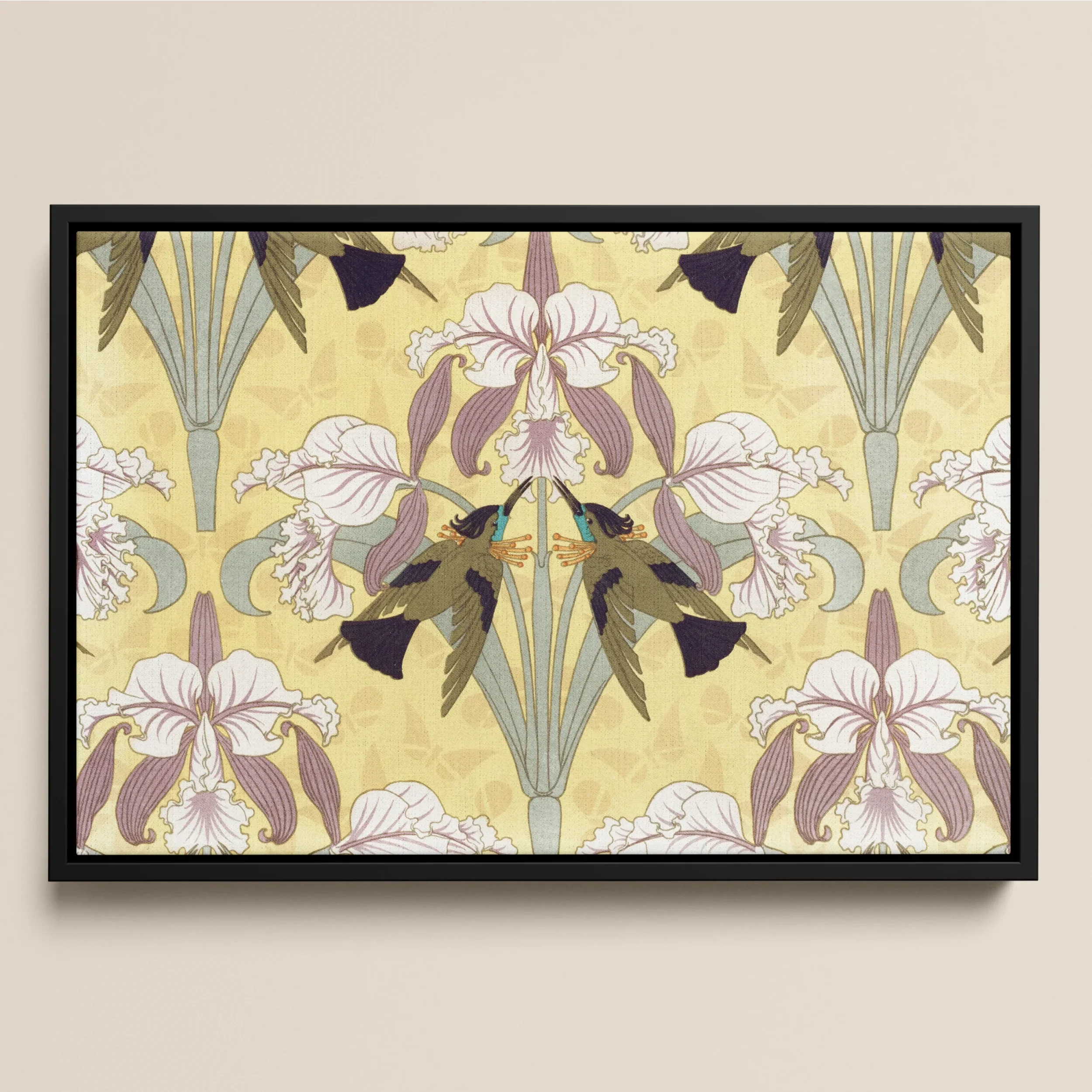 Oiseaux-mouches et Orchidées - Maurice Pillard Verneuil Canvas, Framed Art Print Symmetrical Floral Pattern Irises