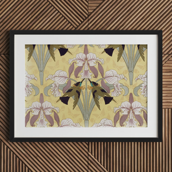 Oiseaux-mouches et Orchidées - Maurice Pillard Verneuil Print / Canvas Framed Art Print Symmetrical Design Stylized White Purple Maurice