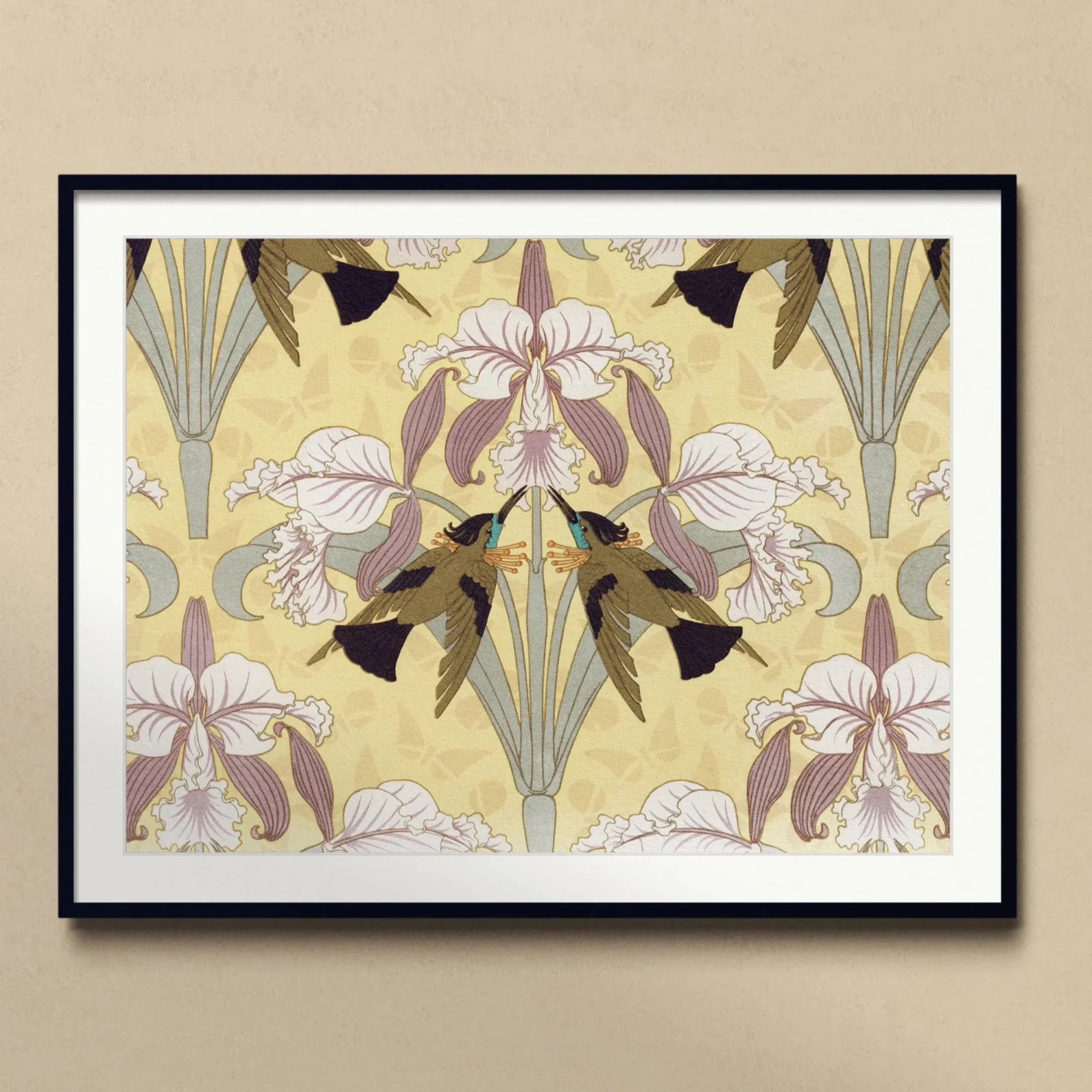 Oiseaux-mouches et Orchidées - Maurice Pillard Verneuil Print, Framed Art Print Symmetrical Floral Pattern Orchids Leaves