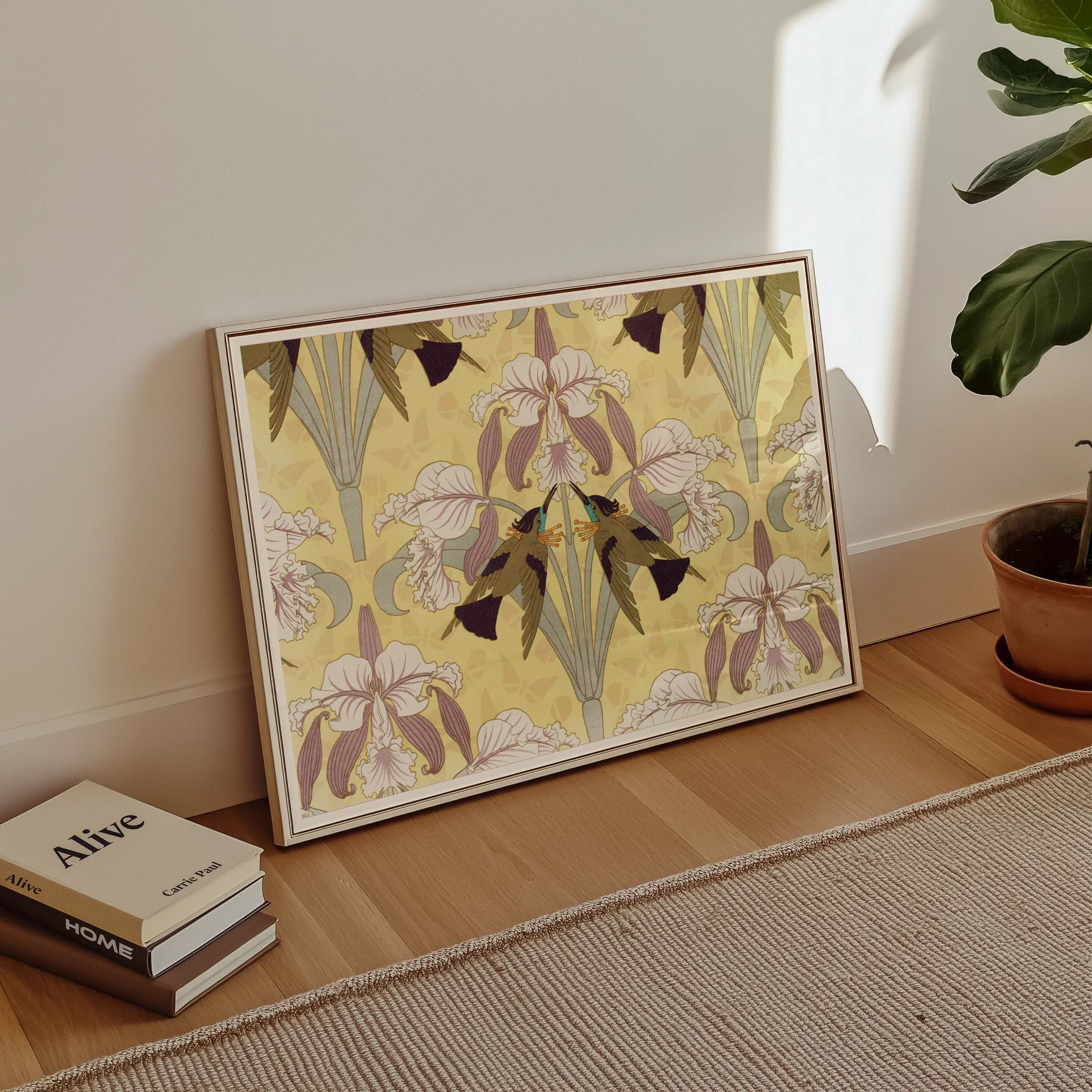 Oiseaux Mouches et Orchidées Maurice Pillard Verneuil Print, Framed Artwork Yellow Floral Pattern Iris Flowers