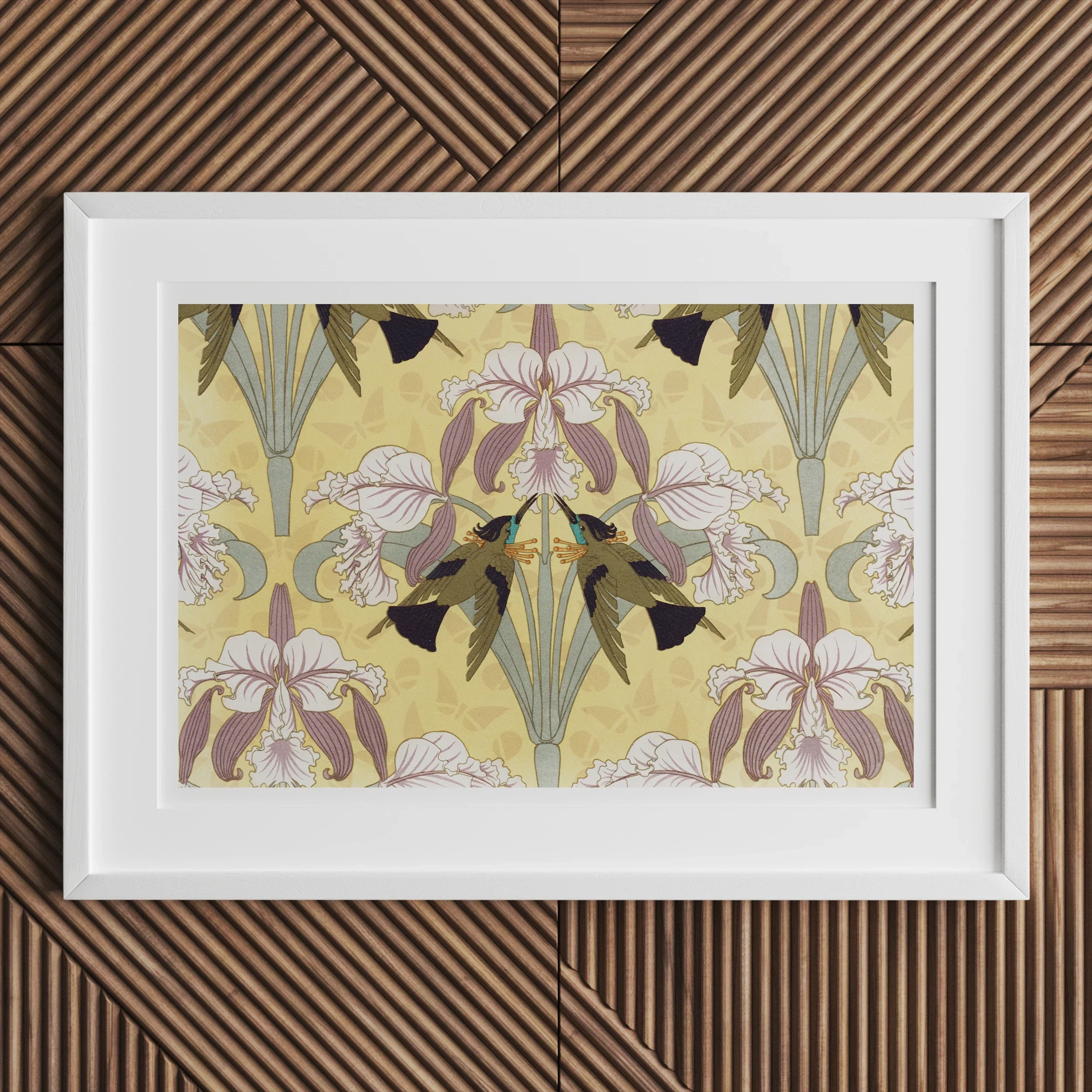 Oiseaux-mouches et Orchidées - Maurice Pillard Verneuil Print, Framed Floral Art Print Stylized Irises Pastel Colors