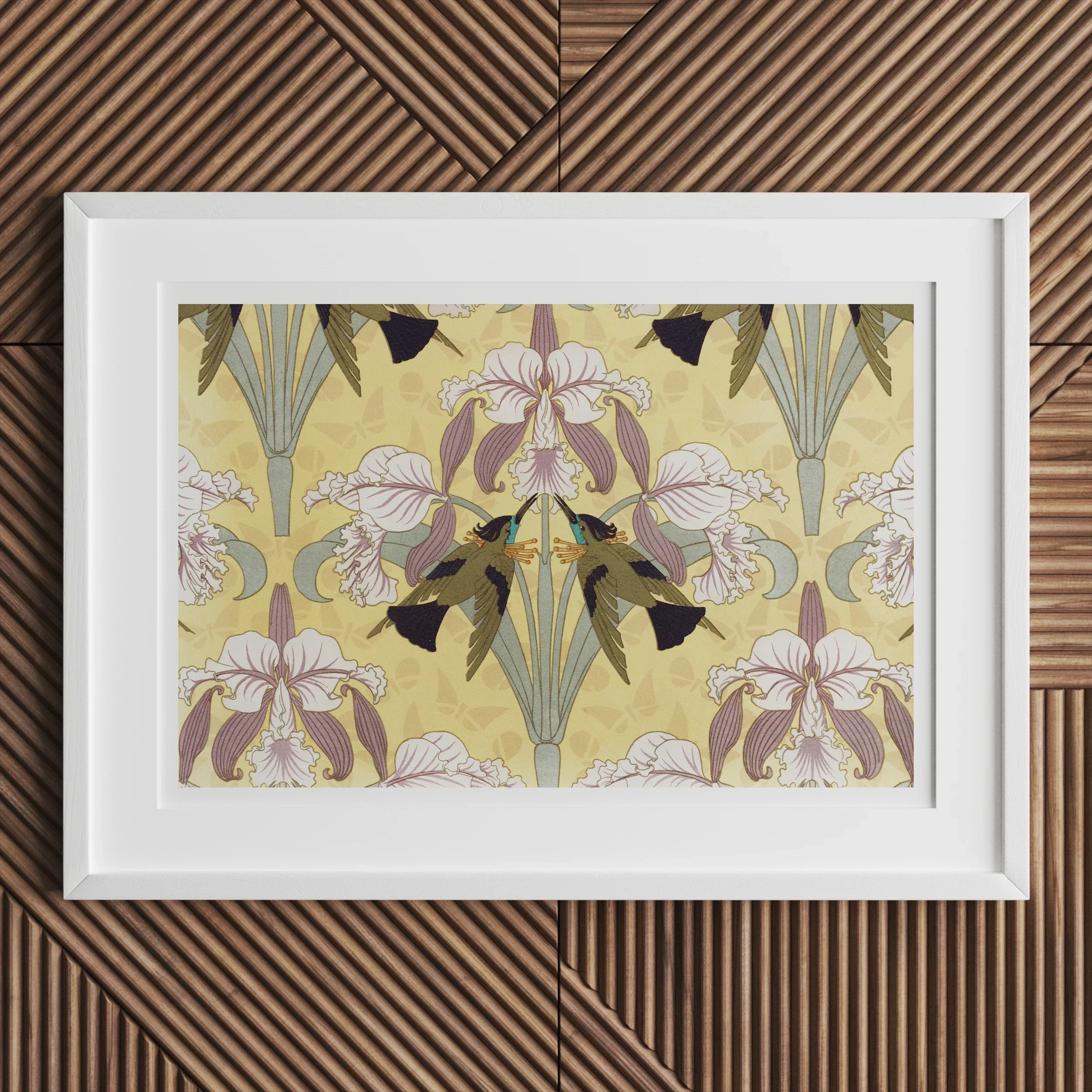 Oiseaux Mouches et Orchidées Maurice Pillard Verneuil Print, Framed Floral Art Print Stylized Irises Pastel Colors