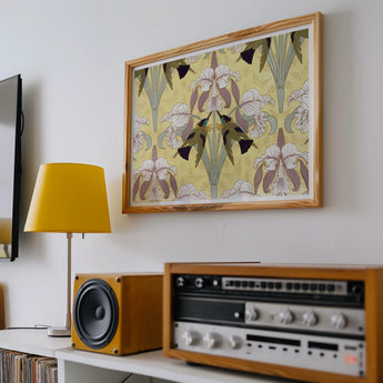 Oiseaux-mouches et Orchidées - Maurice Pillard Verneuil Print, Framed Floral Wallpaper Pattern Gray Yellow Tones Wooden