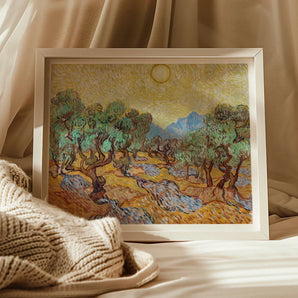 Olive Trees too - Vincent Van Gogh Art Print / Canvas Framed Painting Olive Grove Twisted Trees Yellow Sky Vincent Gogh, Sun-drenched