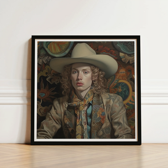 Framed Portrait Person Curly Hair Wide-brimmed Beige Hat Cowboy Spirit’s Queer, Vintage Dandy Transgender, Elegant Outlaw’s