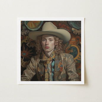 Ollie - Dandy Transgender Cowboy Art Print / Canvas Framed Portrait Person Curly Blonde Hair Wide-brimmed Spirit’s Queer, Vintage, Elegant