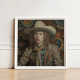 Framed Portrait Person Curly Hair Beige Cowboy Hat Spirit’s Queer, Vintage Dandy Transgender, Elegant Outlaw’s