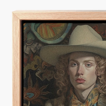 Framed Canvas Print Portrait Woman Curly Blonde Hair Cowboy Spirit’s Queer, Vintage Dandy Transgender, Elegant Outlaw’s