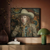 Ollie - Dandy Transgender Cowboy Art Print / Canvas Framed Portrait Person Curly Hair Wide-brimmed Beige Hat Cowboy Spirit’s Queer, Vintage