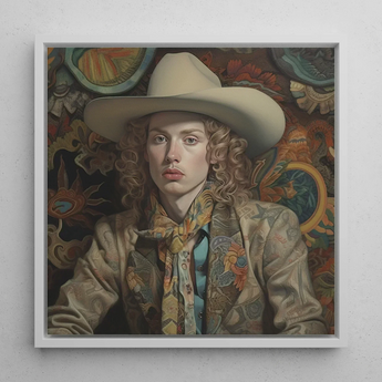 Ollie - Dandy Transgender Cowboy Art Print / Canvas Framed Portrait Person Curly Hair Wide-brimmed Beige Hat Cowboy Spirit’s Queer, Vintage