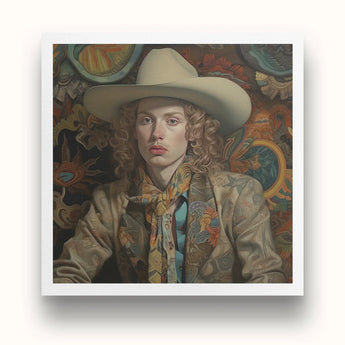 Ollie - Dandy Transgender Cowboy Art Print, Portrait Painting Person White Cowboy Hat Patterned Scarf