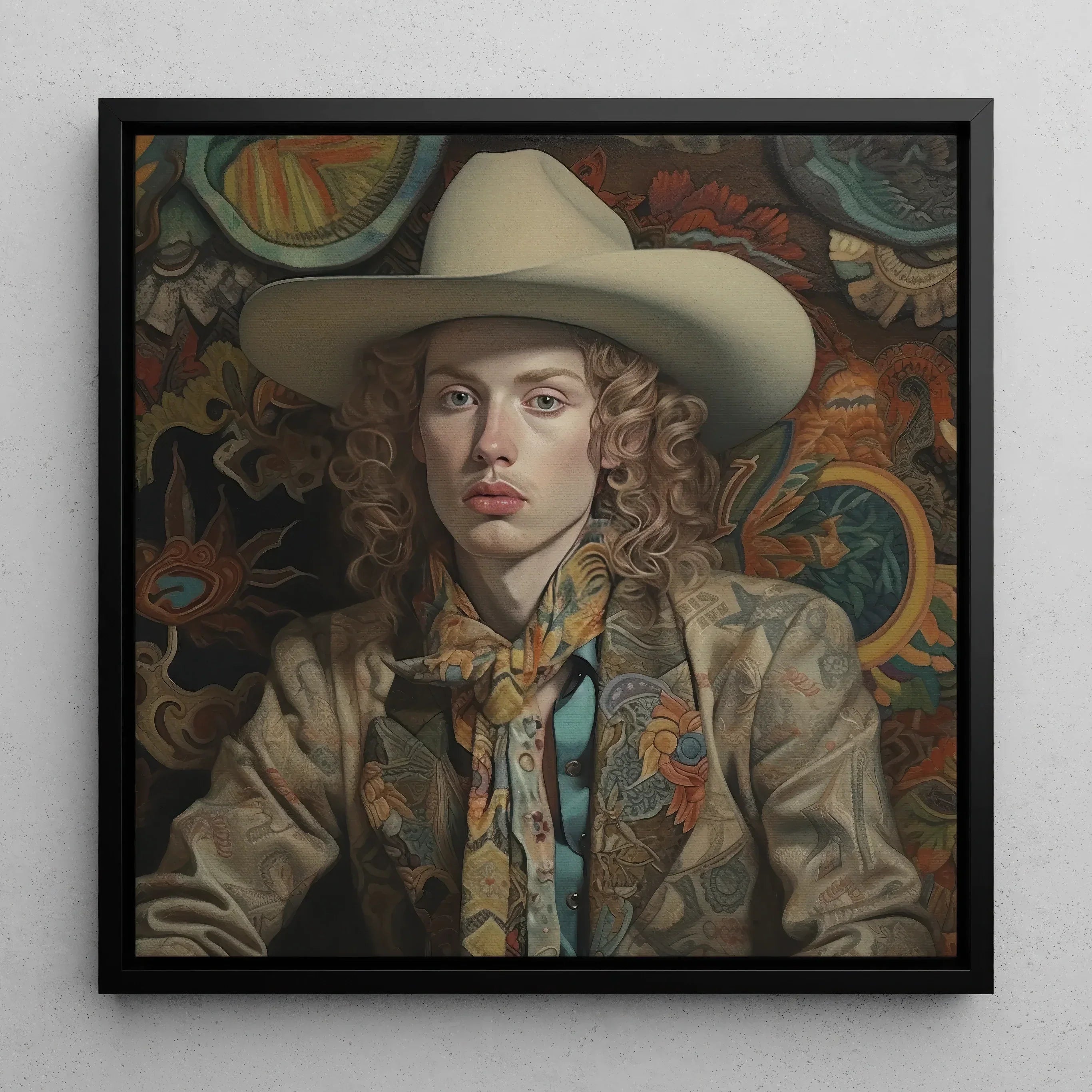 Ollie - Transgender Cowboy Dandy Art Framed Canvas, 12x12’’ / 31x31cm / Black Floating Frame, Portrait Person White Cowboy Hat Colorful