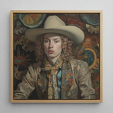 Ollie - Transgender Cowboy Dandy Art Framed Canvas, 12x12’’ / 31x31cm / Natural Floating Frame, Framed Portrait Person Curly Hair Cowboy