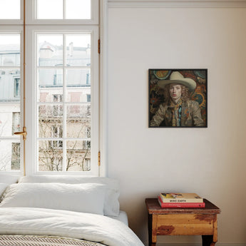 Ollie - Transgender Cowboy Dandy Art Framed Canvas, Bedroom Tall Window White Bedding Framed Portrait Wall