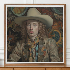 Ollie - Dandy Transgender Cowboy Art Print, Portrait Painting Figure Cowboy Hat Ornate Patterned Vest