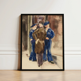 Black-framed Watercolor Painting Three Men Blue Uniforms Hats Charles Demuth, Sets, Gathered, Rust-brown Wall Carries, Faint, Gold,