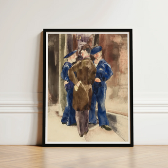 Framed Watercolor Painting Three Men Blue Uniforms Caps Charles Demuth, Sets, Gathered, Rust-brown Wall Carries, Faint, Gold, Lettering, Art