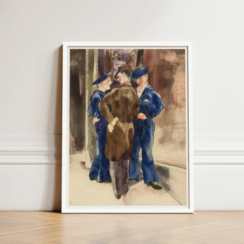 Watercolor Painting White Frame Three Men Blue Uniforms Charles Demuth, Sets, Gathered, Rust-brown Wall Carries, Faint, Gold, Lettering, Art
