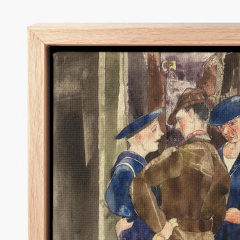 Framed Watercolor Painting Three Men Period Attire Housed Charles Demuth, Sets, Gathered, Rust-brown Wall Carries, Faint, Gold, Lettering,