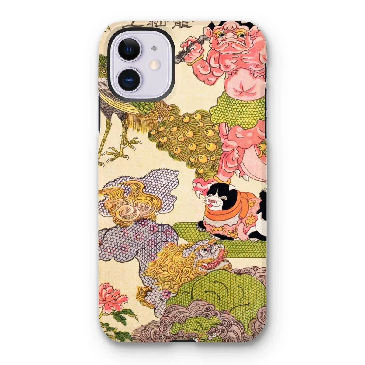 Oni Peacock Cat and Shishi - Utagawa Kunisada Iphone Case, 11 / Matte, Iphone Case Traditional Japanese Art Peacocks Peonies Decorative