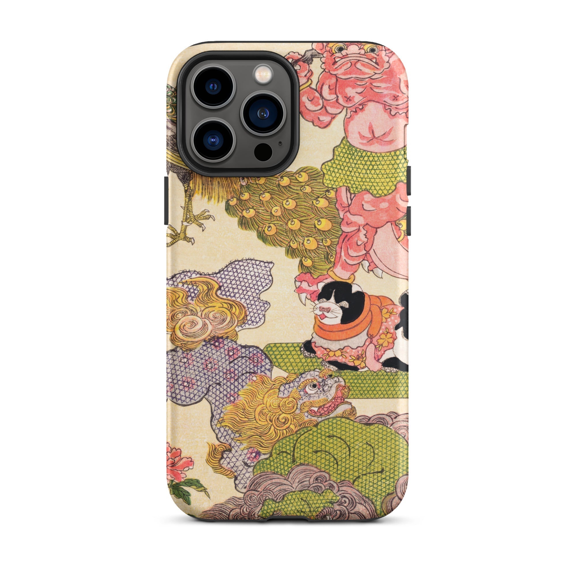 Oni Peacock Cat and Shishi - Utagawa Kunisada Iphone Case, 13 Pro Max / Matte, Japanese Art Patterned Phone Case