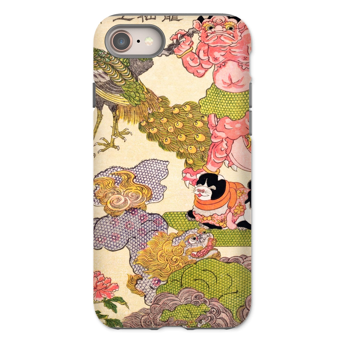 Oni Peacock Cat and Shishi - Utagawa Kunisada Iphone Case, 8 / Matte, Phone Case Traditional Japanese Art Peacocks Peonies Decorative