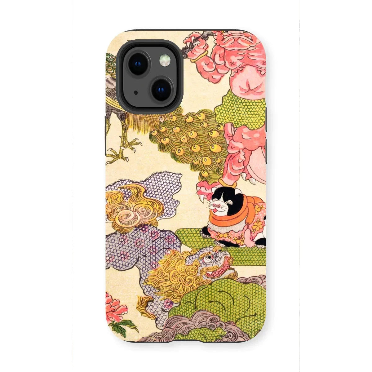 Oni Peacock Cat and Shishi - Utagawa Kunisada Iphone Case, 13 Mini / Matte, Kite-952639589, Phone Case Colorful