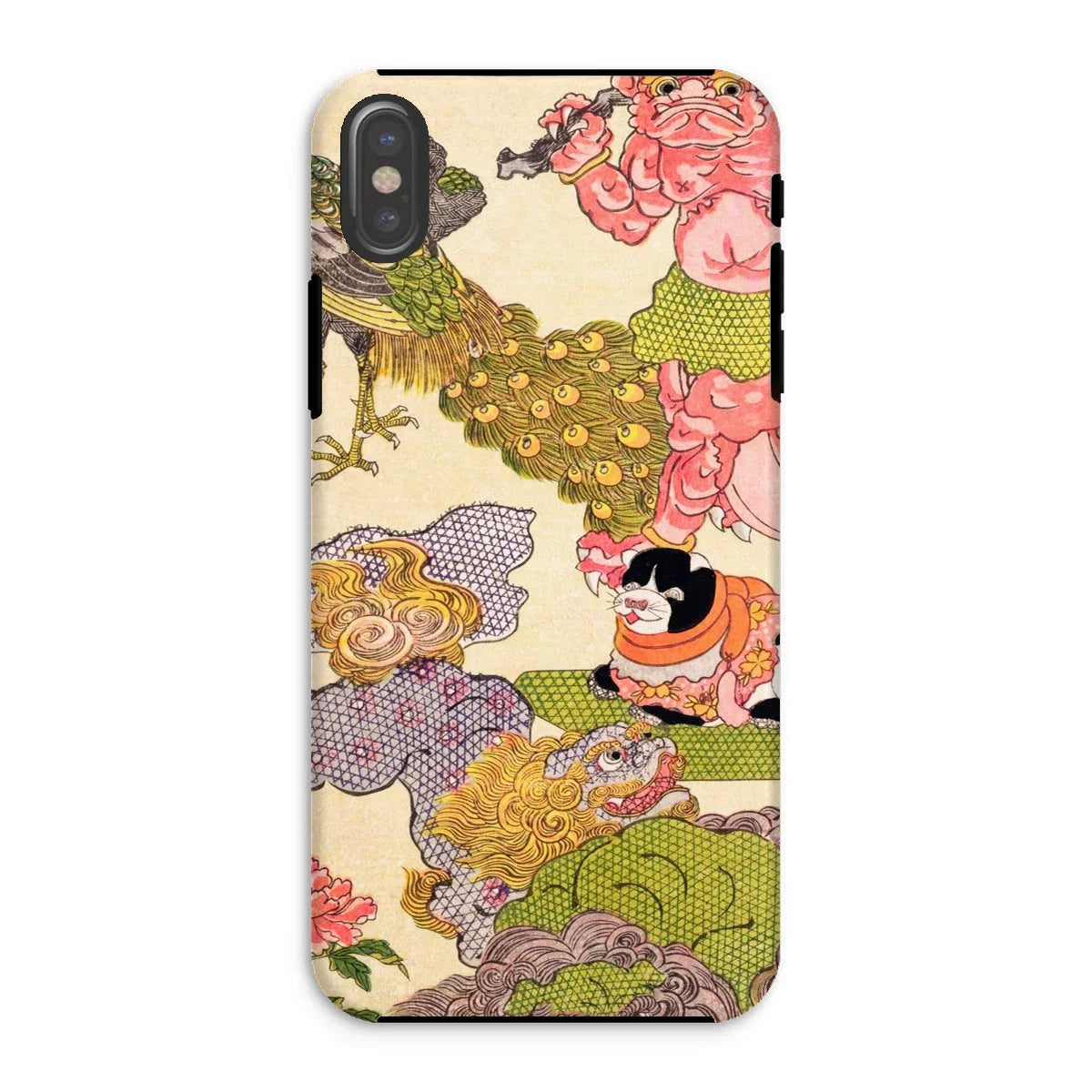 Oni Peacock Cat and Shishi - Utagawa Kunisada Iphone Case, Xs / Matte, Kite-952639629, Phone Case Japanese-style Floral