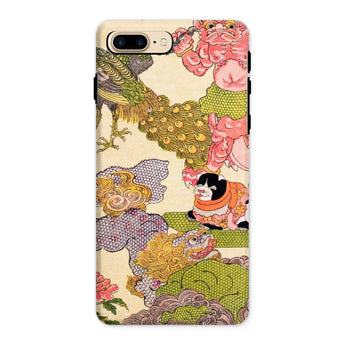 Oni Peacock Cat and Shishi - Utagawa Kunisada Phone Case Iphone 8 Plus / Matte Iphone Case Traditional Japanese Art Print Peacocks Peonies