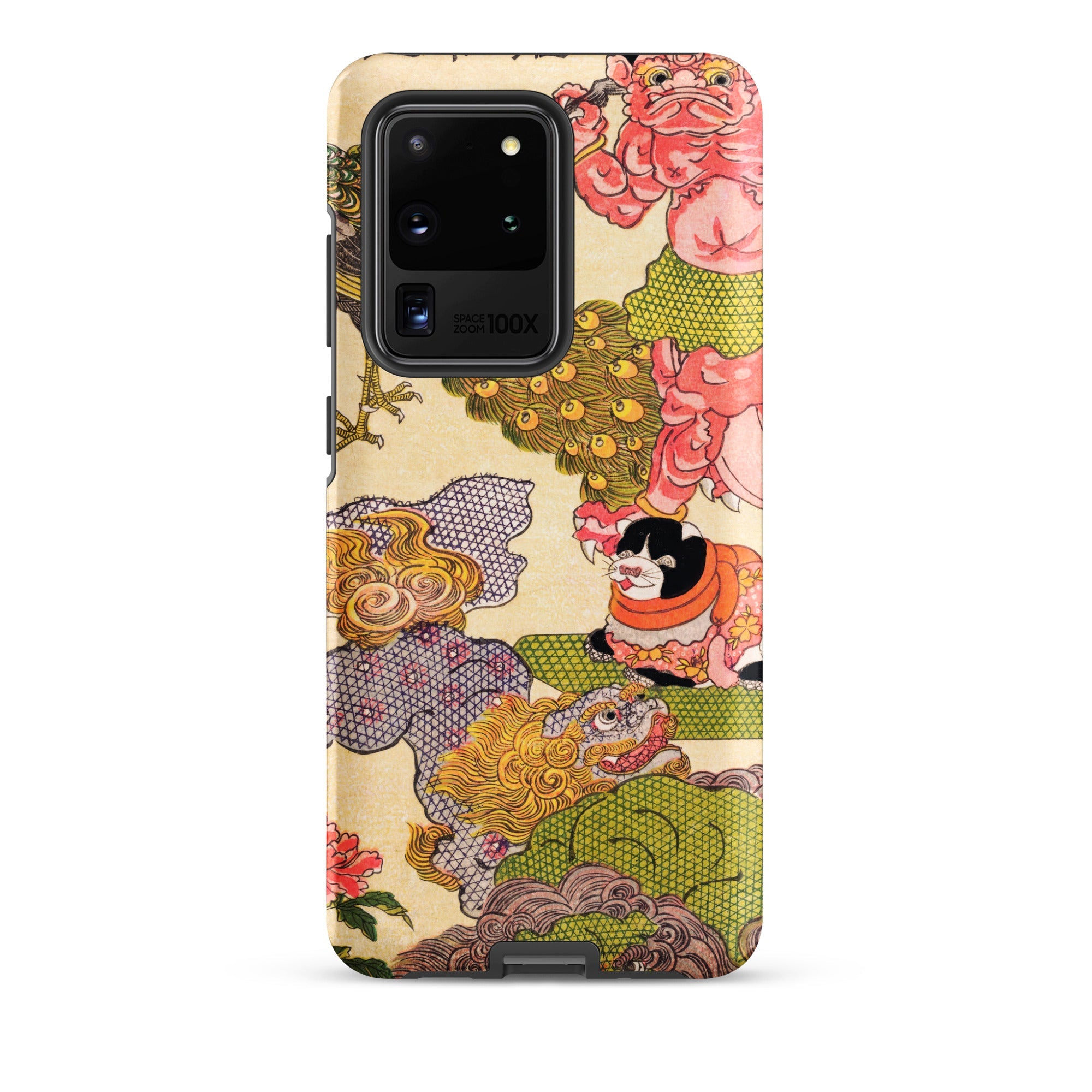 Oni Peacock Cat and Shishi Utagawa Kunisada Samsung Case, Galaxy S20 Ultra / Matte, Phone Case Colorful Traditional East Asian Style