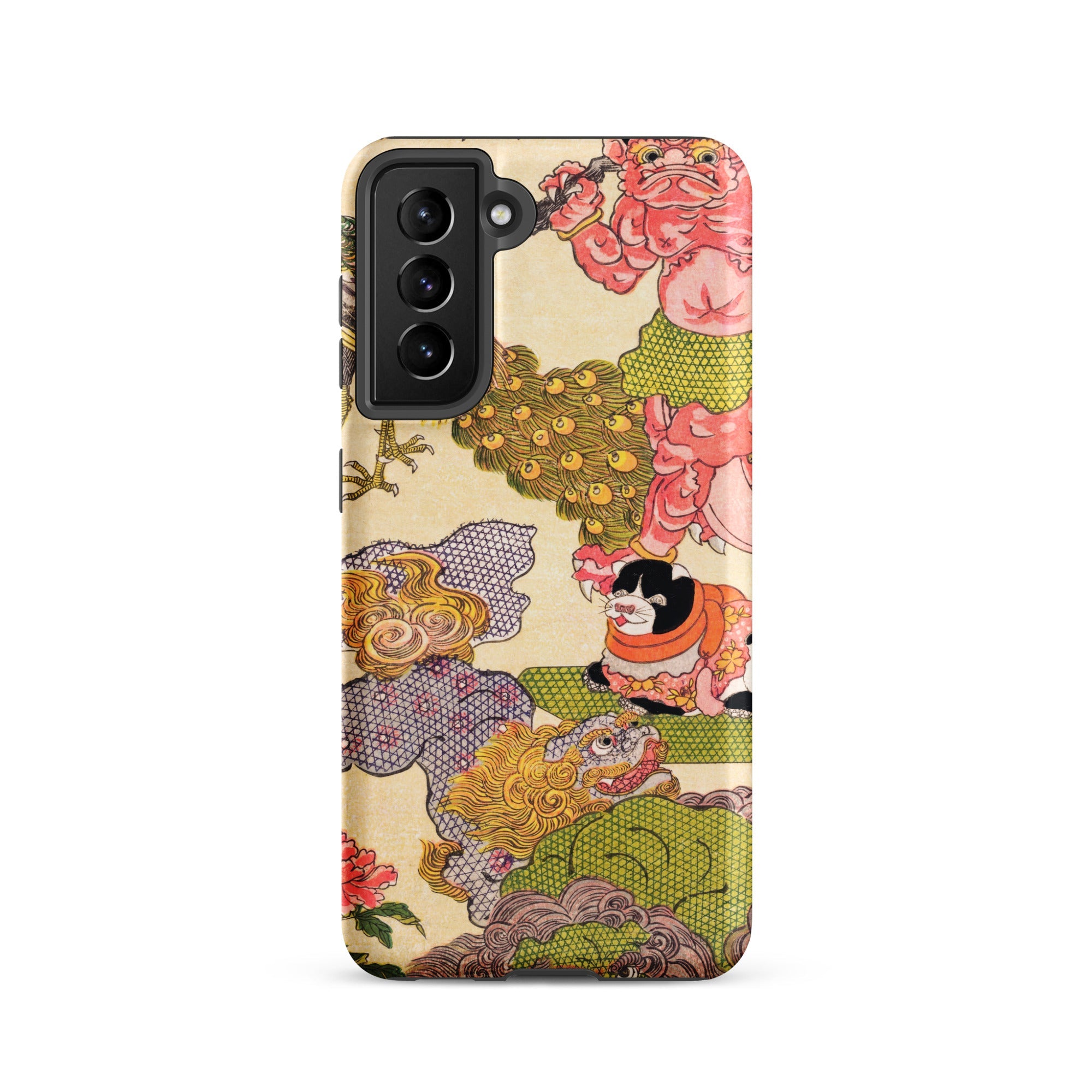 Oni Peacock Cat and Shishi Utagawa Kunisada Samsung Case, Galaxy S21 / Matte, Phone Case Colorful Intricate Illustration Mythical Creatures
