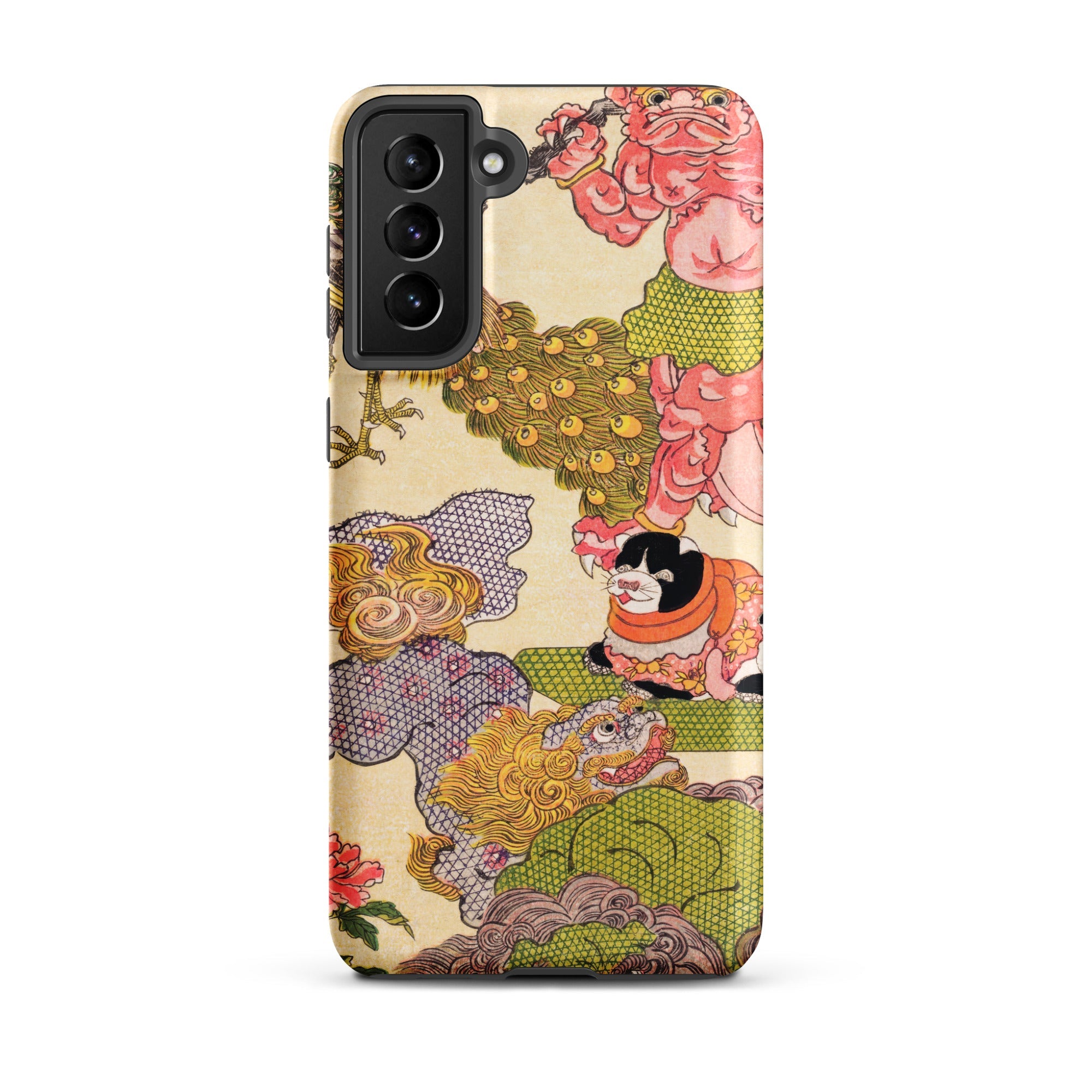 Oni Peacock Cat and Shishi Utagawa Kunisada Samsung Case, Galaxy S21 Plus / Matte, Smartphone Case Vibrant Ornate Colorful Asian Inspired
