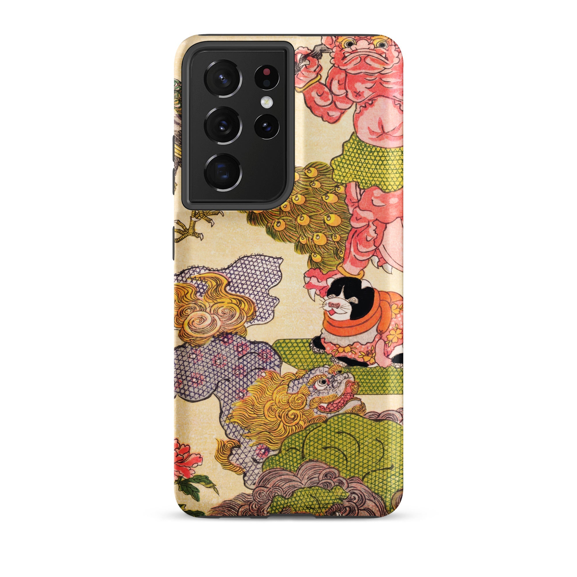 Oni Peacock Cat and Shishi Utagawa Kunisada Samsung Case, Galaxy S21 Ultra / Matte, Smartphone Case Colorful Traditional Japanese Style