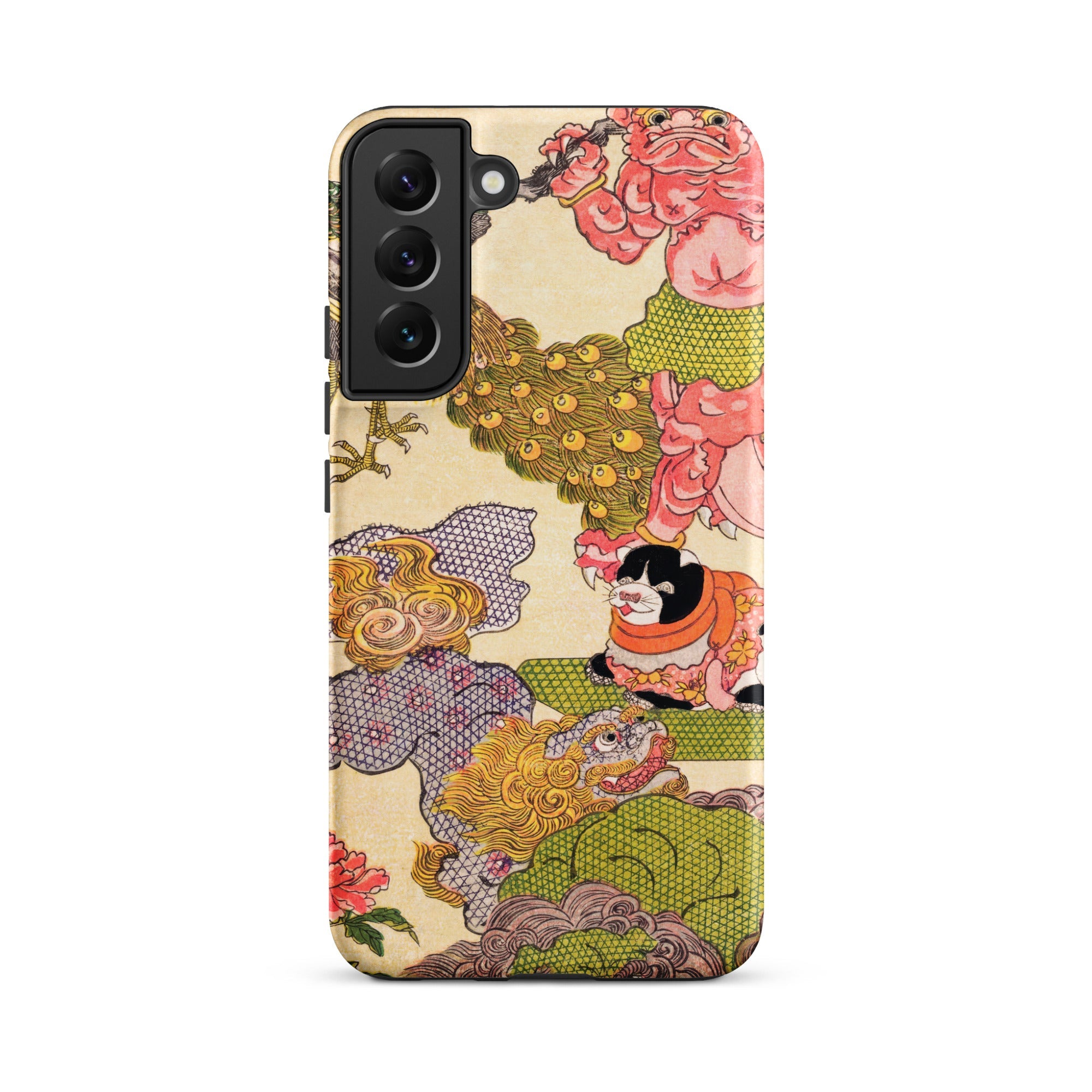 Oni Peacock Cat and Shishi Utagawa Kunisada Samsung Case, Galaxy S22 Plus / Matte, Smartphone Case Colorful Ornate Design Mythical